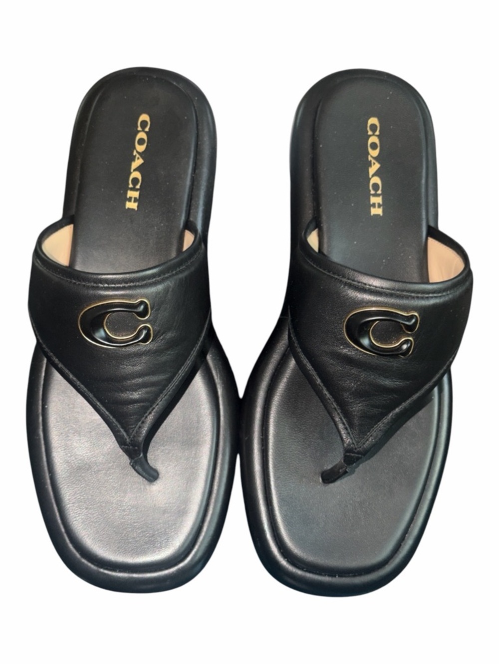 Coach Black Leather Thong Sylvie Sandals with Gold Logo Women’s Size 10 - Picture 5 of 7